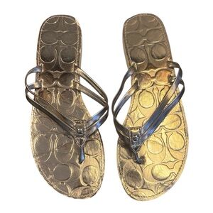 Coach Silver Logo Metallic Double-Strap Thong Sandals Size 6